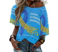 T-Shirt à Manches mi-Longues et col Droit pour Femme, Journée Mondiale de Sensibilisation à la trisomie 21, pour la Plage et l'été
