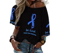 T-Shirt à Manches mi-Longues et col Droit pour Femme, pour la Sensibilisation au Placement Familial, pour l'été et la Plage