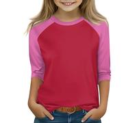 T-shirt à manches raglan 3/4 pour filles de 4 à 16 ans, style baseball en mélange de coton doux pour tous les jours, rose vif, 14-15 ans