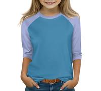T-shirt à manches raglan 3/4 pour filles de 4 à 16 ans, style baseball en mélange de coton doux pour tous les jours, bleu clair, 8-9 ans