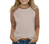 T-shirt à manches raglan 3/4 pour filles de 4 à 16 ans, style baseball en mélange de coton doux pour tous les jours, café, 14-15 ans