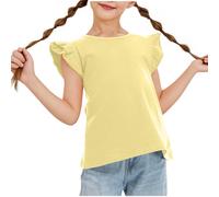 T-shirt à manches volantées pour filles - Col rond - Pour l'été - Décontracté - Coupe ample - Doux - Léger - Confortable - Joli chemisier - Pour le sport et la course à pied, jaune, 12-13 ans