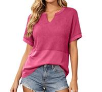 T-shirt à motif gaufré pour femme - Col en V - Manches courtes - Élégant - Patchwork - Léger et confortable - T-shirt surdimensionné - Respirant - Pour le quotidien, P rouge., XL