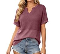 T-shirt à motif gaufré pour femme - Col en V - Manches courtes - Élégant - Patchwork - Léger et confortable - T-shirt surdimensionné - Respirant - Pour le quotidien, P violet, S