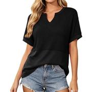 T-shirt à motif gaufré pour femme - Col en V - Manches courtes - Élégant - Patchwork - Léger et confortable - T-shirt surdimensionné - Respirant - Pour le quotidien, P noir., XXL