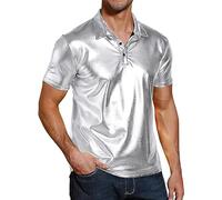 T-shirt à paillettes pour homme - Chemise disco des années 70 et 80 - Costume de fête à thème hippie - Nouvel An - Carnaval - Doré - Manches courtes - Turndown Sparkle - Boîte de nuit - Polo, argenté,