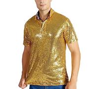 T-shirt à Paillettes Vintage Pour Homme - Polo Disco Avec Brillantes Métallisées Dorées - Chemise à Manches Courtes - Costume de Fête Années 70, Or, M