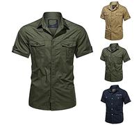 T-shirt à poche pour homme - Chemise cargo tactique militaire boutonnée à manches courtes - Pour la pêche en plein air, le camping, Chemises kaki avec deux poches, L