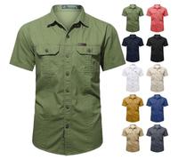 T-shirt à poche pour homme - Chemise cargo tactique militaire boutonnée à manches courtes - Pour la pêche en plein air, le camping, Z02-Chemises vertes avec double poches, XXL
