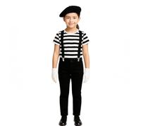 T-shirt à rayures noires et blanches, chapeau béret noir, gants blancs et bretelles noires - Déguisement de Mime français pour fille - Tenue de la journée mondiale du livre (7-8 ans)
