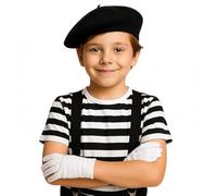 T-shirt à rayures noires et blanches pour enfant, béret noir, gants blancs et bretelles noires - Déguisement de Mime français pour garçon - Journée mondiale du livre (9-10 ans)