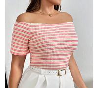 T-shirt à rayures près du corps décontracté et une-épaule pour femmes de grande taille, nouvelle mode décontractée de printemps et d'été pour les vacances. 0XL,1XL,2XL,3XL,4XL,5XLRayéTissu tricoté