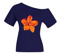 T-shirt à une épaule pour femme avec imprimé floral - Haut asymétrique avec fleur d'orange - T-shirt moulant pour un look spécial, Style_e02 bleu marine, L