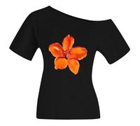 T-shirt à une épaule pour femme avec imprimé floral - Haut asymétrique avec fleur d'orange - T-shirt moulant pour un look spécial, Style_e01 Noir, XXL