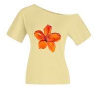 T-shirt à une épaule pour femme avec imprimé floral - Haut asymétrique avec fleur d'orange - T-shirt moulant pour un look spécial, Style_e03 Jaune, XXL