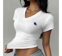 T-shirt ajusté à col en V à manches courtes avec imprimé chevalier pour femmes, col en V blanc, hauts blancs pour femmes, Top blanc slim fit L,M,S,XL,XS,XXSTropicalÉtoffe