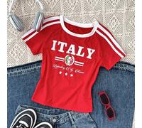 T-shirt ajusté à col rond avec bordure contrastée pour la danse de rue, graphique avec drapeau national et lettres, t-shirt graphique Italie pour adolescentes 14Y,13Y,16Y,15YRayéPolyester