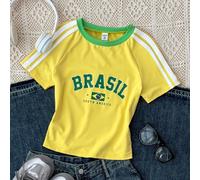 T-shirt ajusté à col rond rouge TEENGIRL avec bordure contrastée pour la danse de rue, badge de course et t-shirt graphique avec lettrage 14Y,13Y,16Y,15Ygraphique,RayéPolyester