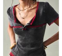 T-shirt ajusté à manches courtes en tricot avec dentelle contrastée pour femmes. Hauts à manches courtes pour femmes. Hauts en coton pour femmes. Hauts pour femmes pour l'été. Vêtements pour femmes. H