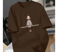 T-shirt ajusté décontracté pour femmes grandes tailles avec image imprimée d'une petite fille portant un manteau matelassé assise sur une chaise, été 0XL,1XL,2XL,3XL,4XL,5XLCartoon,Portrait,graphiqueT