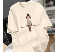 T-shirt ajusté décontracté pour femmes grandes tailles avec image imprimée d'une petite fille portant un manteau matelassé assise sur une chaise, été 0XL,1XL,2XL,3XL,4XLCartoon,PortraitTissu tricoté