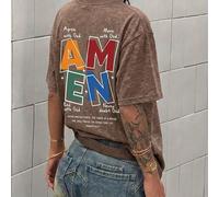 T-shirt ajusté doux et confortable, style de rue esthétique Pinterest, imprimé au dos avec "AMEN" et "En Dieu nous avons confiance" graphiques de foi chrétienne, Top marron vintage délavé, décontracté