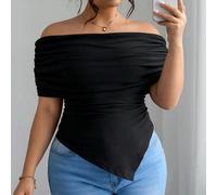 t-shirt ajusté femme grande taille, épaules découvertes, col large plissé, ourlet asymétrique, élégant, minimaliste, bureau, voyage, vintage 0XL,1XL,2XL,3XL,4XLTissu tricoté