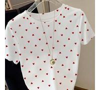 T-shirt ajusté pour femmes avec imprimé de points en forme de cœur rouge et blanc, doux et mignon. Convient pour l'été, t-shirt et beau. Cadeau pour les frères et sœurs, cadeau pour les sœurs, cadeau