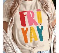 T-shirt ajusté pour femmes avec lettres anglaises décontractées, imprimé de crayon et règle, design créatif pour la rentrée scolaire pour les vacances de printemps L,M,S,XLTissu tricoté