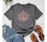 T-shirt ajusté pour femmes grandes tailles à manches courtes col rond, imprimé minimaliste de lotus, style décontracté, pour l'été 0XL,1XL,2XL,3XL,4XL,5XLAnimal,Floral,Géométrique,graphique,PlantesTis