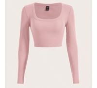 T-shirt Ajusté Slim À Manches Longues Et À Col Carré En Côte De Tricot Côtelé Sakura En Poudre De Printemps L,M,S,XL,XS,XXL,XXSUnicoloreTissu tricoté