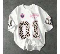 T-shirt ample à col rond à manches courtes avec imprimé léopard et numéro 01 pour femmes, style décontracté L,M,S,XL,XS,XXL,XXS,XXXL,XXXXLGéométrique,Lettres,Motif texturéTissu tricoté