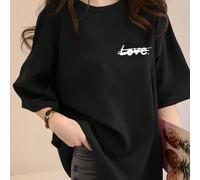 T-shirt ample à col rond à manches courtes avec imprimé lettres LOVE, collaboration d'artistes pour femmes. Top d'été décontracté, design élégant et confortable, convient pour les sorties décontractée