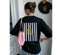 T-shirt ample à col rond pour femmes grandes tailles, style décontracté de vacances à la plage, design à rayures roses L,M,S,XL,XS,XXL,XXXLLettres,RayéCoton