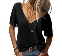 T-Shirt Ample à Col V Profond pour Femmes T-Shirt De Base à Manches Courtes De Couleur Unie Tee Tops LéGers Et DéContractéS (Le Noir,L)