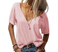 T-Shirt Ample à Col V Profond pour Femmes T-Shirt De Base à Manches Courtes De Couleur Unie Tee Tops LéGers Et DéContractéS (Rose,L)