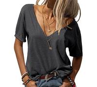 T-Shirt Ample à Col V Profond pour Femmes T-Shirt De Base à Manches Courtes De Couleur Unie Tee Tops LéGers Et DéContractéS (Gris Foncé,S)