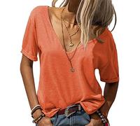 T-Shirt Ample à Col V Profond pour Femmes T-Shirt De Base à Manches Courtes De Couleur Unie Tee Tops LéGers Et DéContractéS (Orange,L)