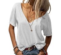 T-Shirt Ample à Col V Profond pour Femmes T-Shirt De Base à Manches Courtes De Couleur Unie Tee Tops LéGers Et DéContractéS