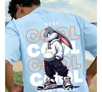 T-shirt ample à imprimé graphique pour adolescents garçons, style de rue avec imprimé lapin, slogan "STAY COOL EVERYWHERE", décoration avec lettres "COOL" répétées, streetwear décontracté 6Y,7Y,8Y,9Y,