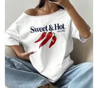 T-shirt ample à manches courtes, col asymétrique, imprimé "Vie épicée" pour femmes en surpoids, oversize L,M,S,XL,XSFruits & légumesÉtoffe