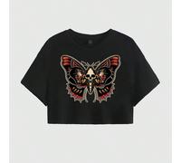 T-shirt ample à manches courtes col rond pour femmes avec graphique tête de mort et papillon, convient pour l'été ROMWE X SNAP SUPPLY11SHEIN X découvre des artistes indépendants, présente leurs créati