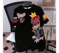 T-shirt ample à manches courtes, col rond, style streetwear décontracté avec badge lettre et motif couronne de basketball pour femmes, convient pour l'été L,M,S,XL,XS,XXL,XXS,XXXL,XXXXLGéométrique,Let