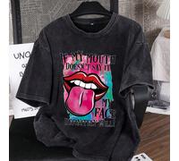 T-shirt ample à manches courtes, col rond, style vintage de la rue, confortable pour les déplacements, style Y2K punk, grande taille, noir, avec impression de lèvres rouges et langue sortie, convient 