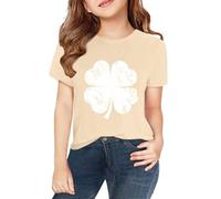 T-shirt ample à manches courtes pour fille Motif trèfle vert Paddys Day Lucky Green Shamrocks T-shirt d'école pour enfants Saint Patrick fête irlandaise décontractée tendance col rond en coton, Beige