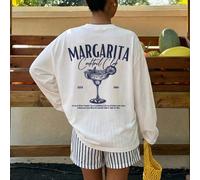 T-shirt ample à manches longues beige pour femmes, style décontracté d'été pour vacances, T-shirt ample à manches courtes avec col rond et graphique de cocktail Margarita, pour usage quotidien et fête