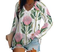 T-Shirt Ample À Manches Longues Et Col en V - Protée Top À Manches Longues - Rayures Florales Modèles De Base - T-Shirts Décontractés Automne-Hiver Rose 3XL