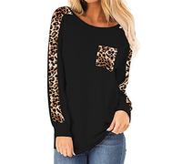 T-shirt ample à manches longues et col rond pour femme avec poches et imprimé léopard, a-noir, XL