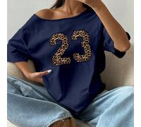 T-shirt ample à manches raglan imprimé léopard numéro 23 pour femmes, manches courtes bleu marine L,M,S,XSMotif texturéÉtoffe