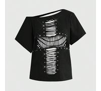T-shirt ample de couleur unie avec design de croix rivetée, coupe laser style Punk Y2K, polyvalent L,M,S,XL,XS,XXSFausse impressionÉtoffe